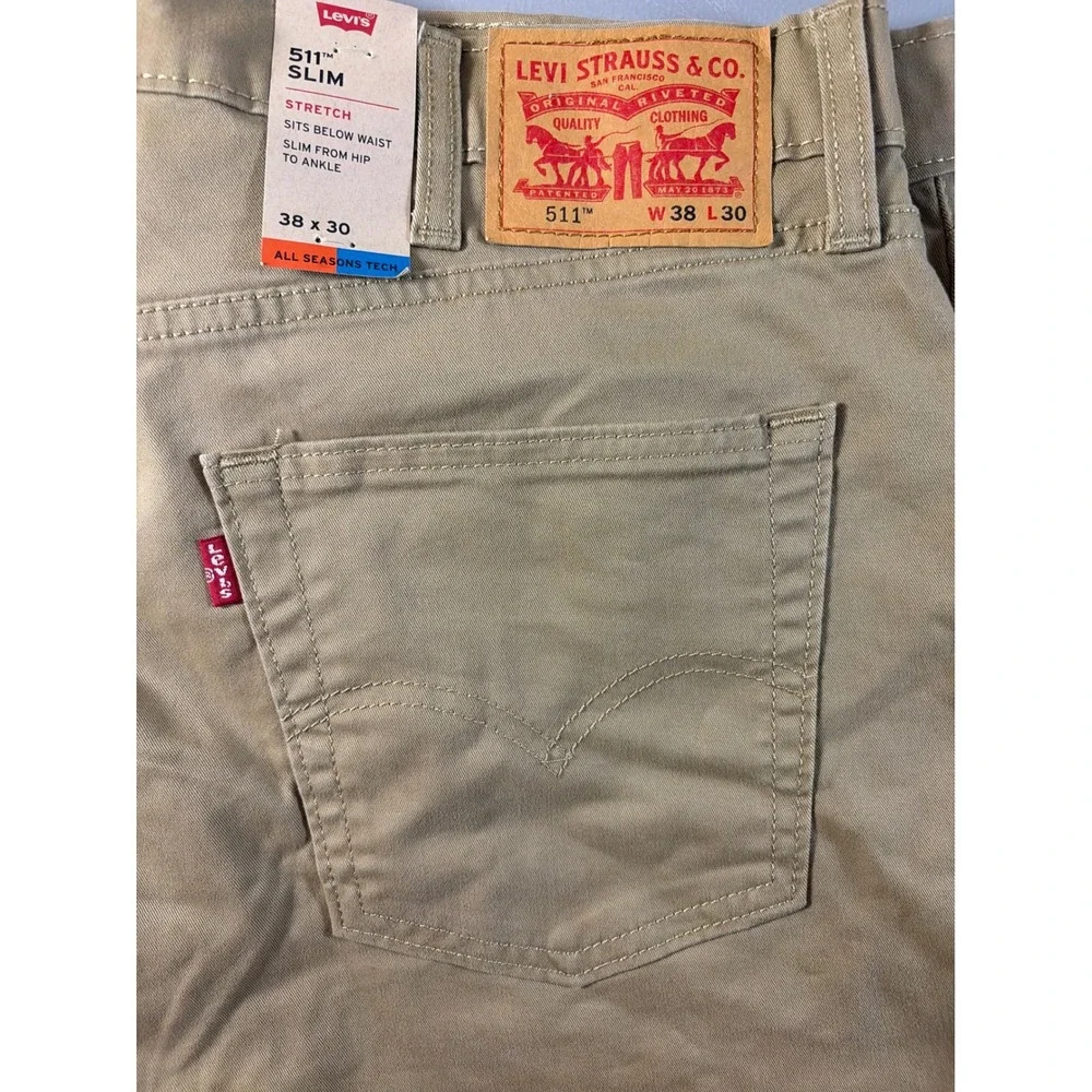 Levis 511 Slim Fit Pants Mens 38x30 Khaki Tan Stretch All Seasons Tech Chino NWT